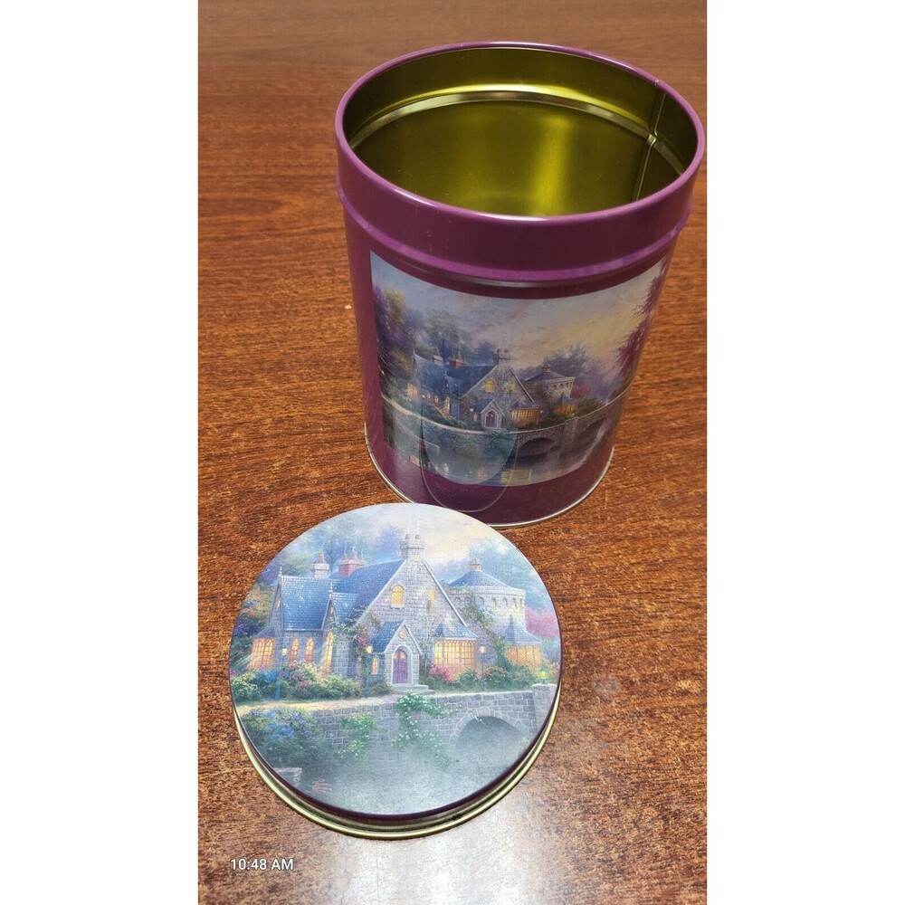 Thomas Kinkade Painter of Light Metal Tea Tin 5.5" tall x 4" round